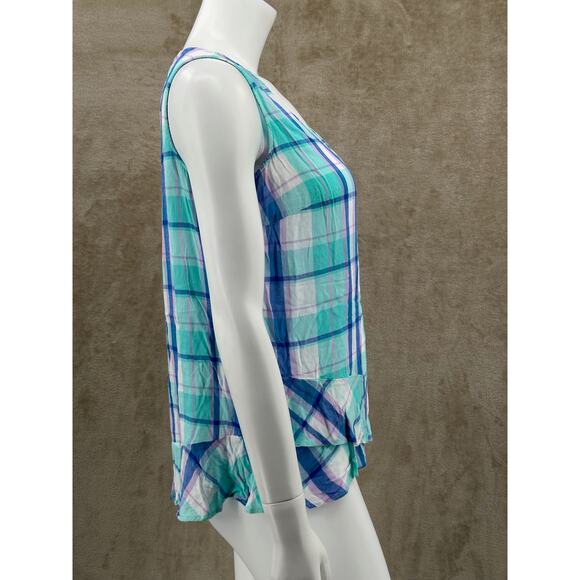 ana A New Approach‎ Top Womens Medium Blue Purple Plaid Ruffle Sleeveless V-Neck - Picture 3 of 9